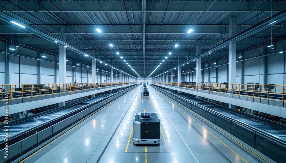 Vast Warehouse with Automated Guided Vehicles and Ambient Lighting Vast Warehouse with Automated Guided Vehicles and Ambient Lighting