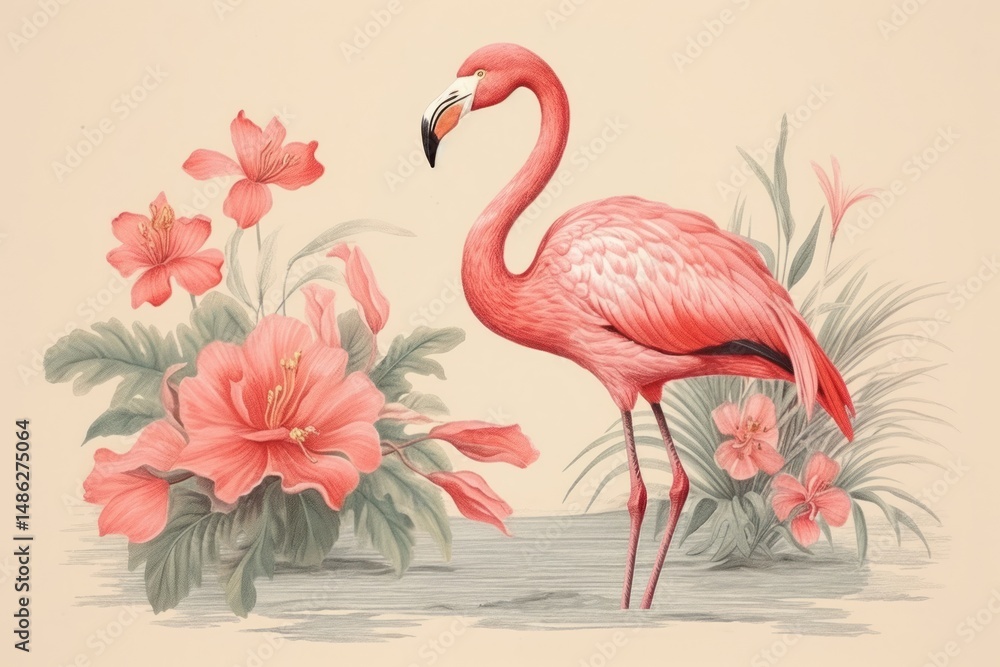 Obraz premium Vintage drawing of flamingo flower animal sketch.