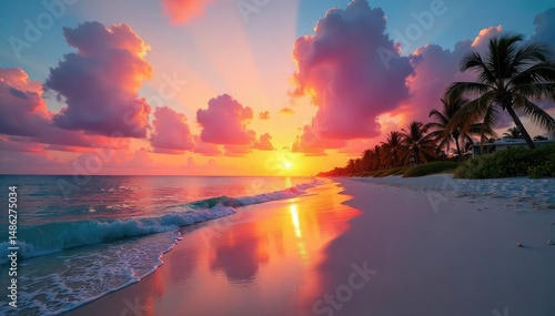 Vibrant Miami Beach sunrise paints the sky with breathtaking oranges, pinks, and golds reflecting on the calm ocean waters Perfect for travel, vacation, and coastal themes , pink, horizon