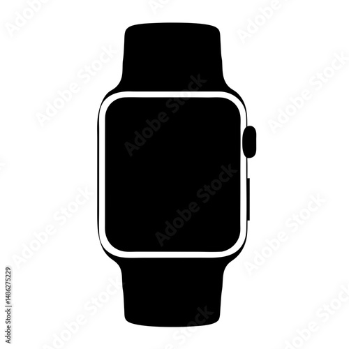 Black Silhouette of Smartwatch with Rectangular Screen, Solid black silhouette of a smartwatch featuring a rectangular screen and adjustable strap, representing modern wearable technology.
