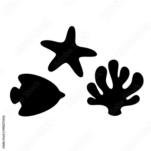 Black Silhouettes of Fish, Starfish, and Coral, Solid black silhouettes of a fish, starfish, and coral, representing marine life and underwater ocean themes.
