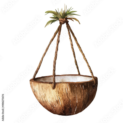 Rustic Hanging Pot Made Of Coconut Shell, watercolor illustration vector, high quality, isolated on a white background.