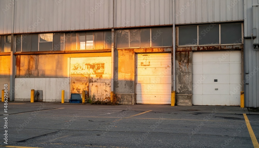 Fototapeta premium Weathered Cargo Warehouse Bathed in Golden Hour Light