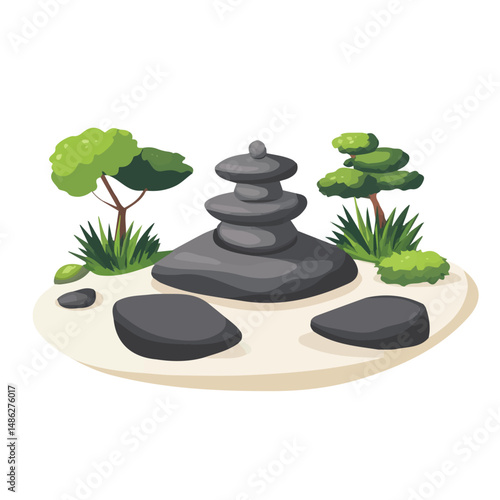 2D flat vector illustration of Zen Garden, isolated on a white background.