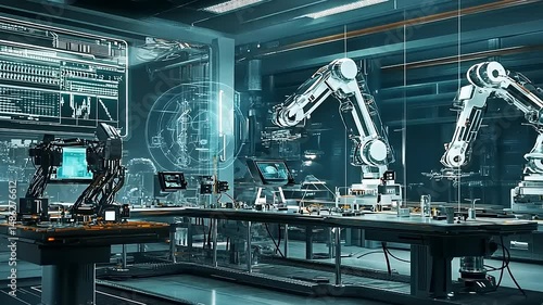 Advanced robotic arms in a futuristic laboratory, showcasing automation technology and innovation
