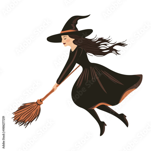 Witch Flying On Broom 2D flat vector illustration, isolated on a white background.
