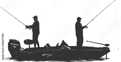 A vector silhouette of two men fishing on a bass boat.
