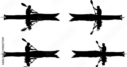 4 vector silhouettes of a man "flat water" kayaking with a silhouette reflection.
