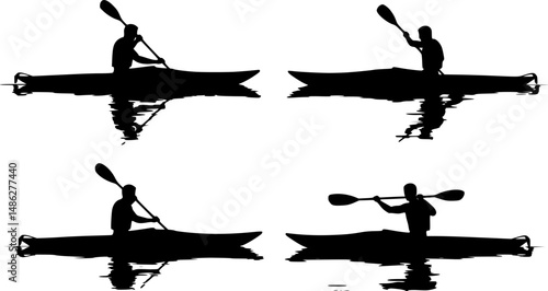 4 vector silhouettes of a man "flat water" kayaking with a silhouette reflection.
