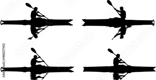 4 vector silhouettes of a man "flat water" kayaking with a silhouette reflection.
