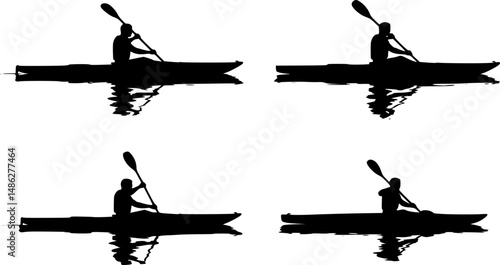 4 vector silhouettes of a man "flat water" kayaking with a silhouette reflection.
