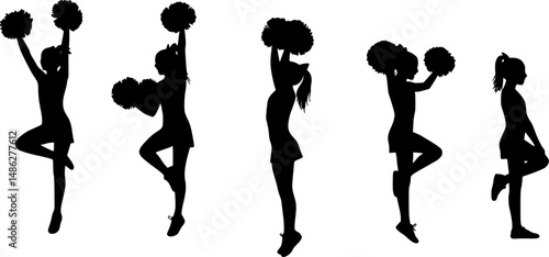 Vector silhouettes of young girls cheerleaders.
