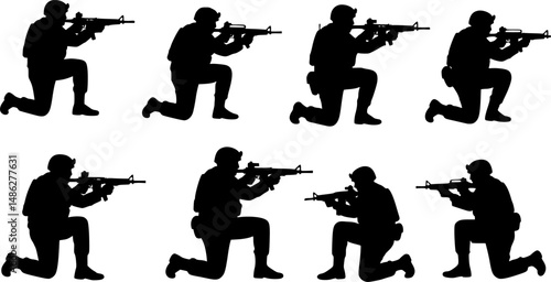 Vector silhouettes of American soldiers in combat positions.
