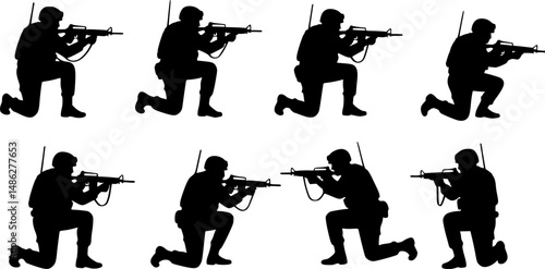 Vector silhouettes of American soldiers in combat positions.
