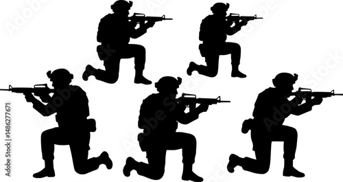 Vector silhouettes of American soldiers in combat positions.
