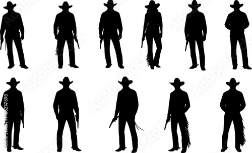 Vector silhouettes of cowboys and cowgirls standing.
