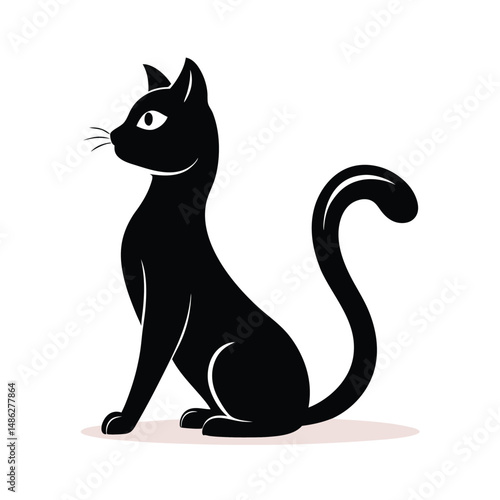 Elegant Black Cat Silhouette Sitting, Facing Left, Curled Tail, Isolated on White
