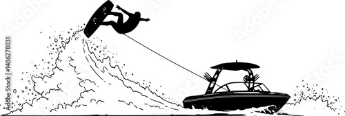 A wakeboard boat pulling a wakeboarder doing a trick.
