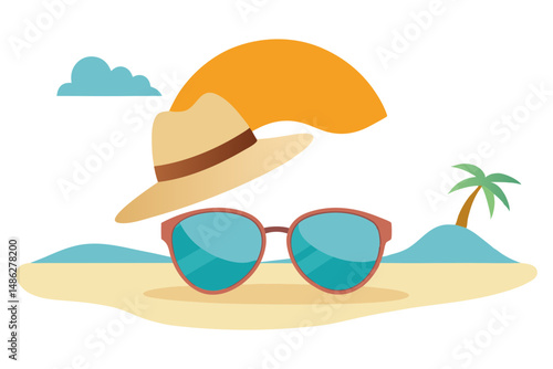 Stylish metal frame sunglasses with summer hat on sand