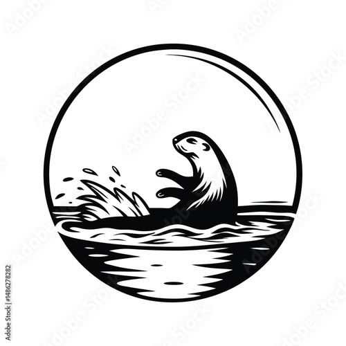 Isolated Playful Otter Silhouette, Splashing Water, Rounded Frame, Wildlife, Mammal