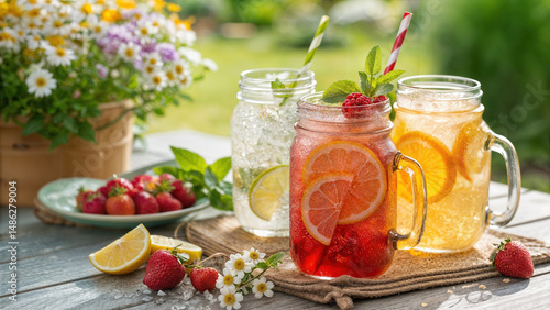 summer lemonade with strawberries, lemon and mint in a jar