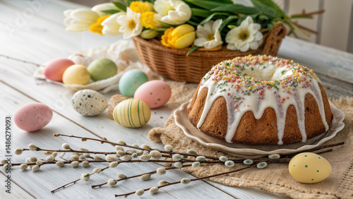 Easter cake with Easter eggs and spring flowers on white wooden background