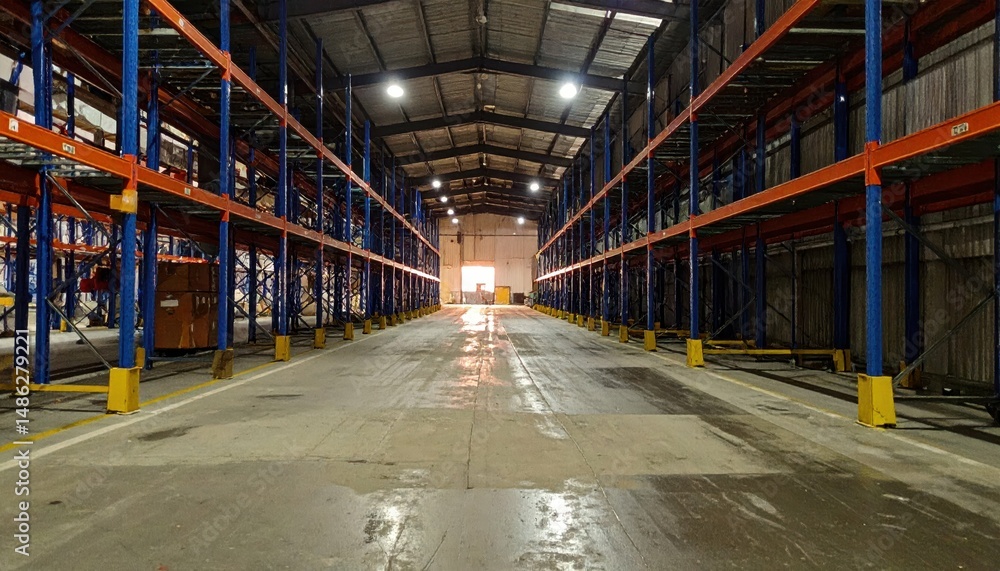 Obraz premium Weathered Warehouse Interior with Shelving Units at Night Scene