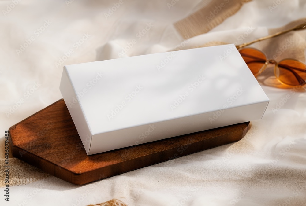 Fototapeta premium white-box-on-wooden-tray-minimalist-product-photography-lifestyle-image