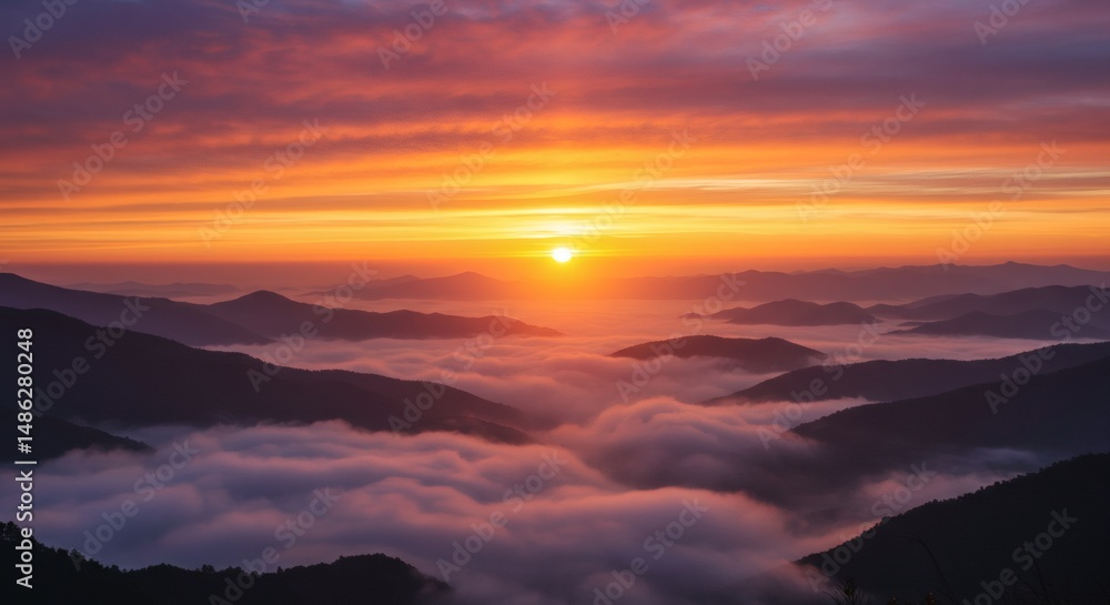 Fototapeta premium A breathtaking sunrise over a mountain range, with clouds filling the valleys below.