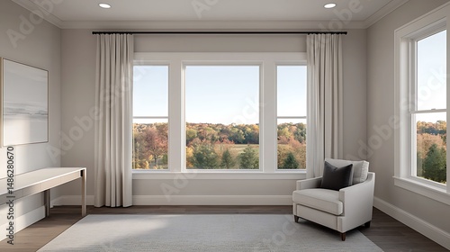 Serene interior with large windows offering expansive vista of autumn foliage, comfortable chair, minimal desk, and elegant design elements.