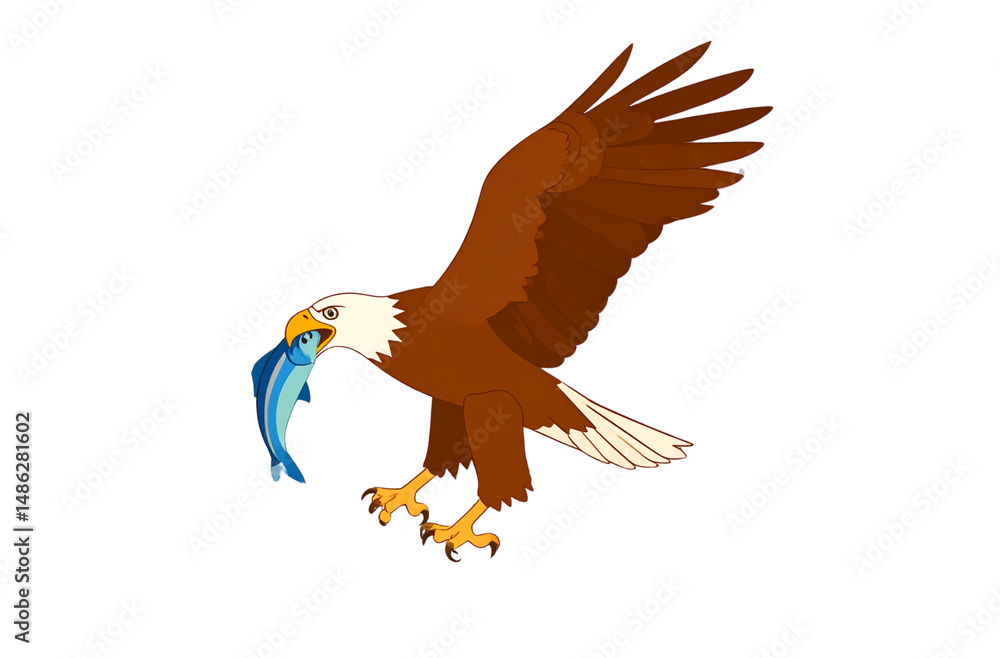 Obraz premium Vector logo of an eagle flying with a fish in its talons, using simple shapes and lines, in black on a transparent background,