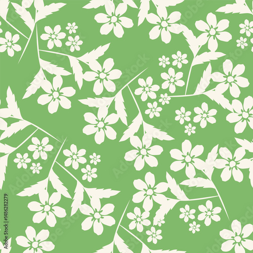 Trendy floral seamless pattern. Simple red and beige daisy. Spring flower template for packaging, postcards, textile printing, wallpaper. Hand drawn illustration isolated on white background