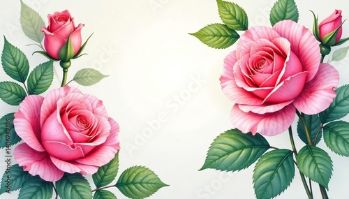 Intricate watercolor rose blooms, lush green leaves , spring, rose pattern