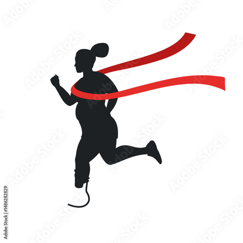 The silhouette is black with a red finishing ribbon. The woman who won the marathon. A plump female runner with a prosthetic leg .