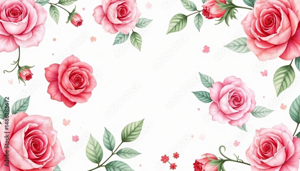 Naklejka premium Delicate watercolor roses & leaves, repeating pattern , blossom, plant