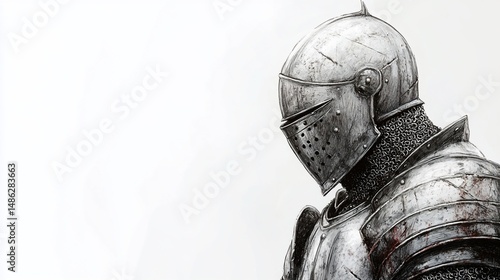 Detailed drawing of a medieval knight in full armor, facing right, with an isolated bright white background
