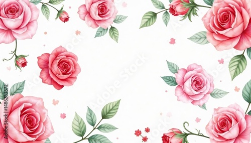Delicate watercolor roses & leaves, repeating pattern , blossom, plant
