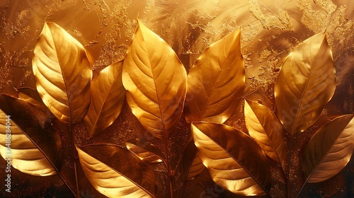 Luxurious golden leaves with dark blue high resolution photo