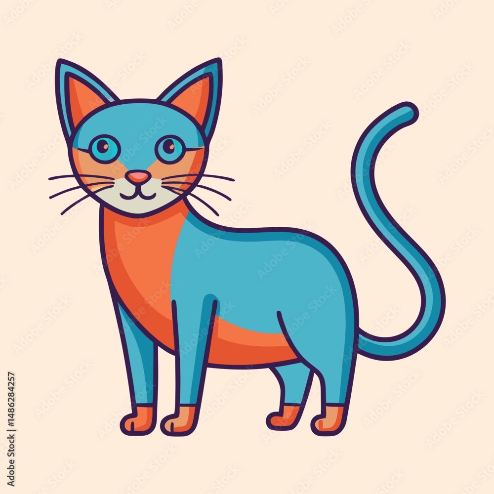 Cartoon cat with unique color scheme standing against a peach background Cartoon cat with unique color scheme standing against a peach background