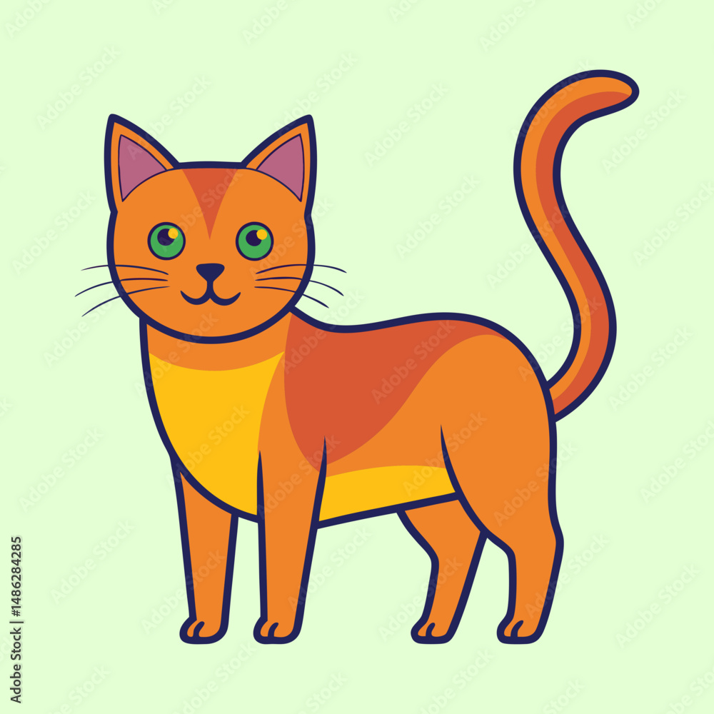 Obraz premium Stylized Orange Cartoon Cat with Green Eyes Standing on Light Green Background
