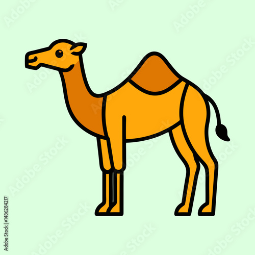 A minimalist illustration of a dromedary camel standing in side profile