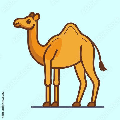 Cartoon camel illustration featuring a single hump dromedary on a light blue background