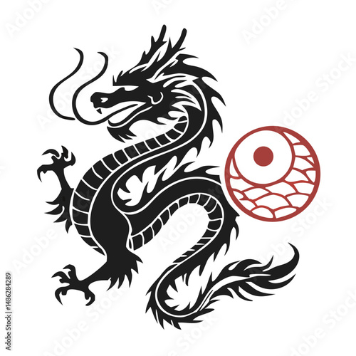 Powerful stylized red dragon illustration against a dramatic black backdrop. Traditional and Tribal Chinese Dragon Illustrations – Red and Black Mythical Oriental. Lunar New Year Asian Cultural Design