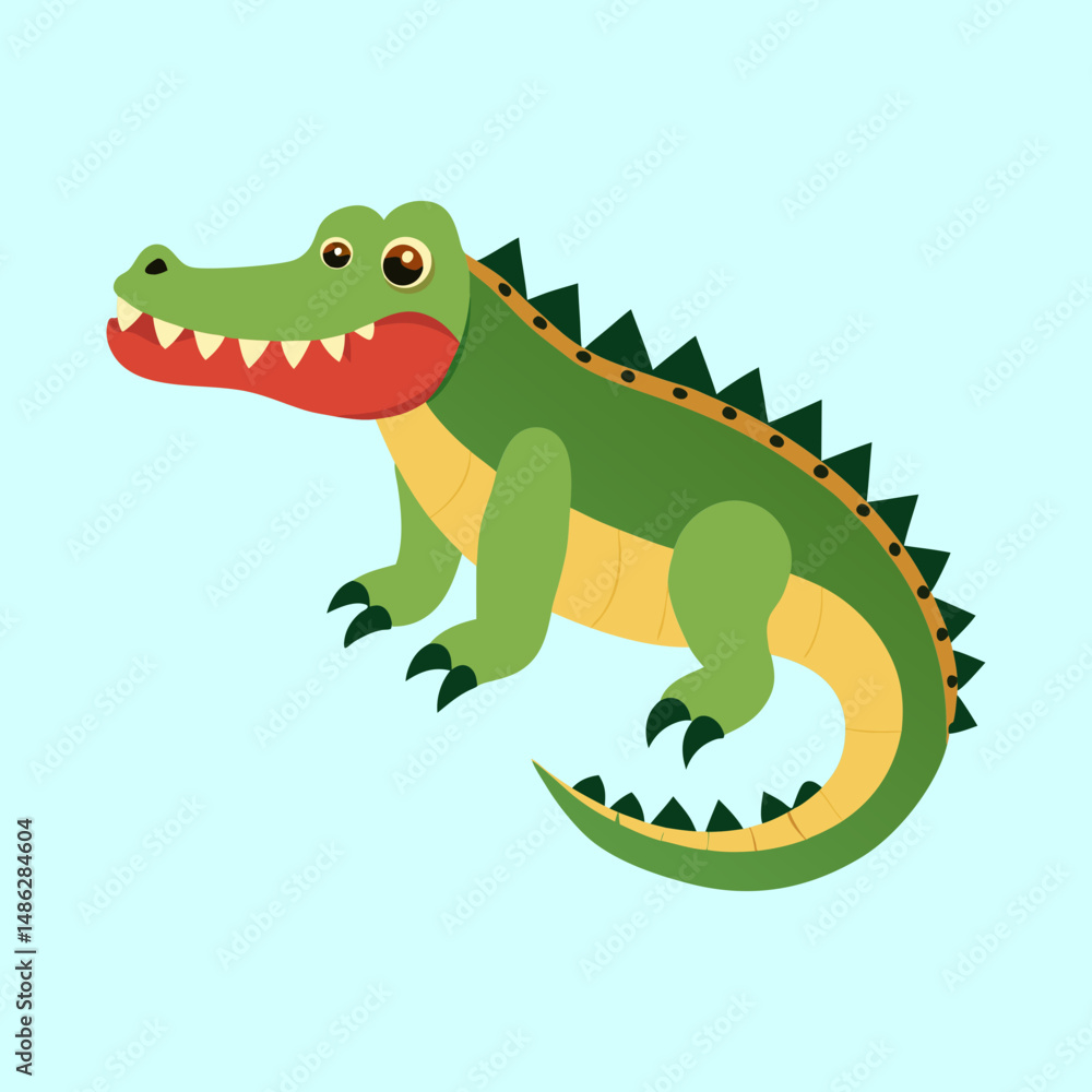 Obraz premium Cartoon Crocodile Character with Spikes, Claws, and a Red Mouth on Blue