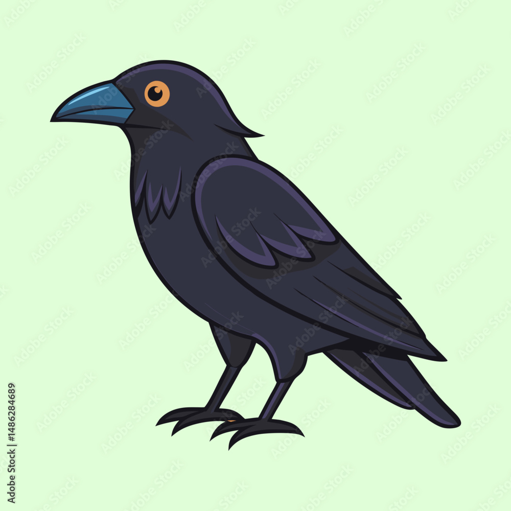 Fototapeta premium Cartoon Raven with Blue Beak Perched on a Light Green Background