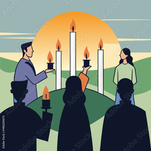 Silhouettes holding candles before Easter sunrise service, capturing a peaceful, spiritual moment in a serene early morning setting.