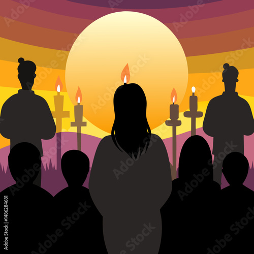 Silhouettes holding candles before Easter sunrise service, capturing a peaceful, spiritual moment in a serene early morning setting.