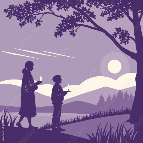 Silhouettes holding candles before Easter sunrise service, capturing a peaceful, spiritual moment in a serene early morning setting.