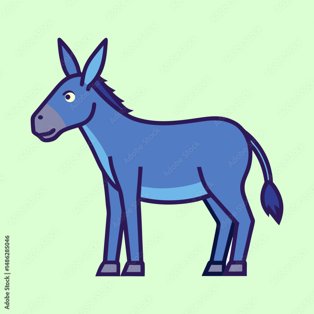 Fototapeta premium Blue Cartoon Donkey Standing Calmly Against a Light Green Background