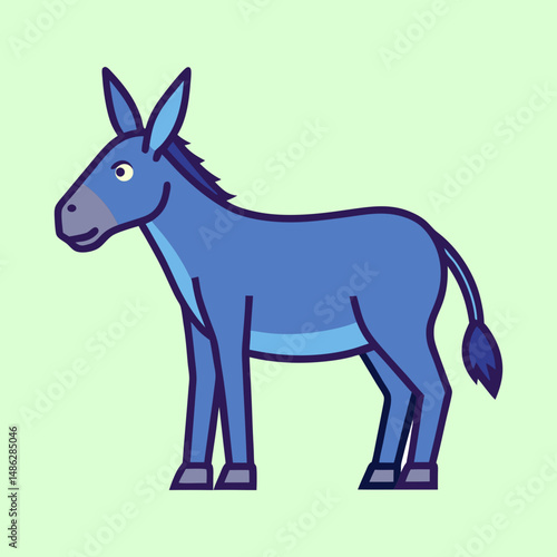 Blue Cartoon Donkey Standing Calmly Against a Light Green Background